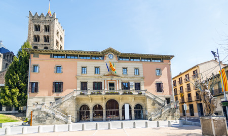 town hall and Santa Maria de Ripoll monastery, Catalonia, Spain. Founded in 879のeditorial素材