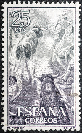SPAIN - CIRCA 1960: stamp printed by Spain, shows Bullfighter, Corrida, circa 1960 のeditorial素材