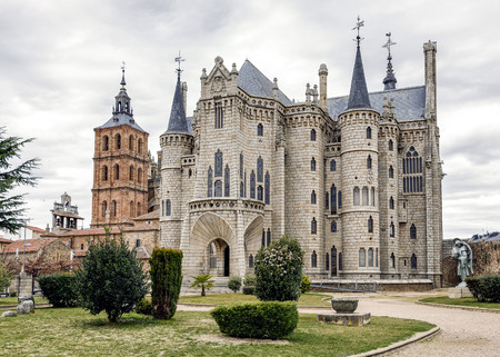 Famous landmark Astorga Epsiscopal Palace, in Astorga, Leon, Spain.のeditorial素材