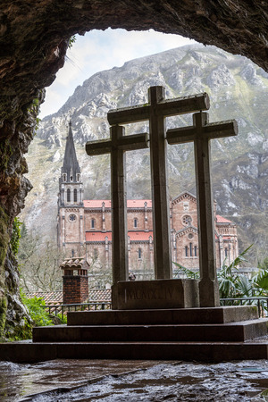 Basilica of Our Lady of Battles, Covadonga, Asturias, Spain. Crosses from the holy caveの写真素材