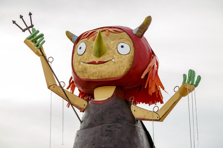 BADALONA, SPAIN - MAY 10, 2016: Festes de Maig - Badalona during night of Saint Anastasi festival of May. The traditional burning of Dimoni this year is the first time a woman as the devil. This festival attracts many tourists and is dumped into mass sociのeditorial素材