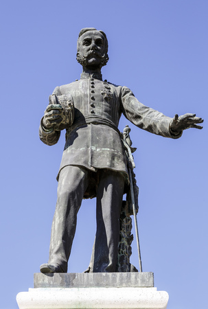 Aranjuez , Spain - March 13 , 2016: In Aranjuez, the first statue to the King of Spain. D. Alfonso XII. Situated on a base of stone doors Market of Aranjuez, in Madridのeditorial素材