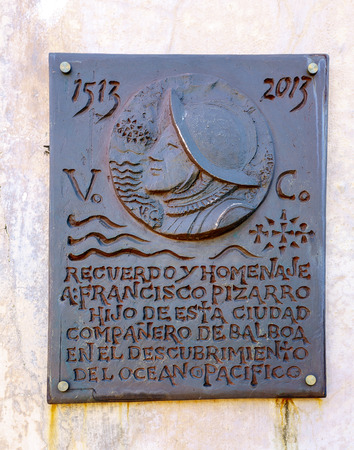 Trujillo, Spain - March 17, 2016: Plaque tribute to the city of Trujillo in Spain Francisco Pizarro on the 500th anniversaryのeditorial素材