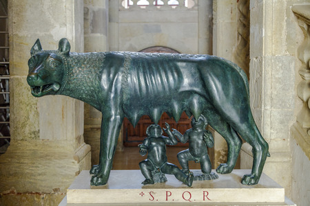Narbonne - France, July 17, 2016: The Wolf Romulus and Remus. In 1982 celebrated 2100 years of existence Narbona first Roman colony and first daughter of Rome, outside Italy .. Rome has offered this magnificent bronze sculpture replica.のeditorial素材