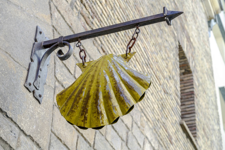 Pamplona, Spain - August 21, 2016: detail of the scallop of pilgrims in the old Episcopal seminary, today and hostel accommodation.のeditorial素材