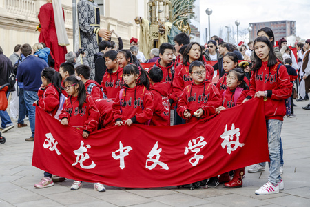 Barcelona, Spain - February 4, 2017: Chinese culture come together to welcome the new year. Dragons take center the Condal City lives with parades and activities the traditions of the Far East.のeditorial素材
