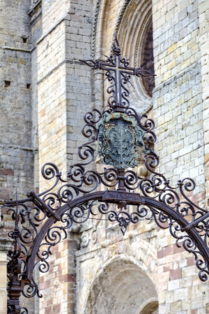 Detail of the facade of St Mary Cathedral of Siguenza Guadalajara province Castilla-La Mancha Spainの写真素材