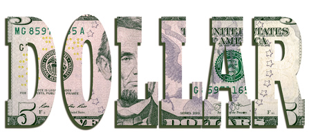 Dollar word made with letters and background 5 USD bill rendering, Isolated white backgroundの写真素材