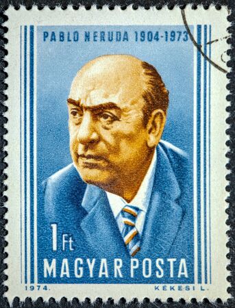 Hungary - Circa 1974: A stamp printed in Hungary shows Pablo Neruda Chilean poet and Nobel Prize in literature, circa 1974のeditorial素材