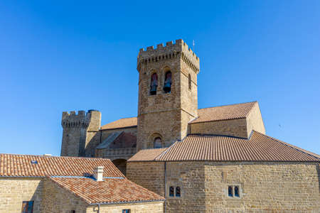 Spanish town Ujue (Uxue in Basque) and its 12th century fortified church in Navarre, Spainのeditorial素材