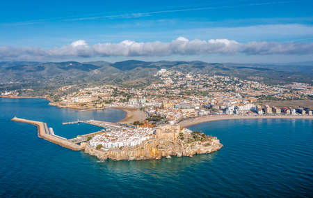 Two beaches in Peniscola, Castellon, Spain, Aerial panoramic viewの写真素材