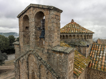 Romanesque church of Sant Cugat de Salou or Raco in Navas (Bages) Catalonia. Spain. Greek cross plan and Lombard decoration, 10th century, Detail of the bell tower and the circular dome.の写真素材