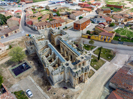 Aerial view of the Church of San Andres in Villardefrades Province of Valladolid Spainの写真素材