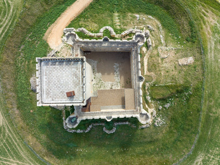 Castle of Villalonso, It is a medieval castle still keeping its interior and its high defensive walls, in province of Zamora, Spain. Aerial view aerial detail of the flat plantのeditorial素材