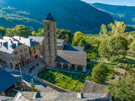 Roman Church of Santa Eulalia in Erill la Vall in the Boi Valley Catalonia Spain. This is one of the nine churches which belongs to the UNESCO World Heritage Site.の写真素材