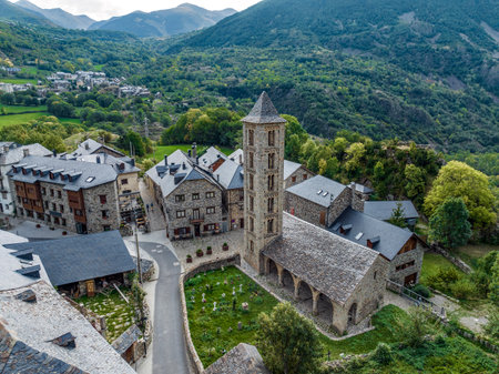 Roman Church of Santa Eulalia in Erill la Vall in the Boi Valley Catalonia Spain. This is one of the nine churches which belongs to the UNESCO World Heritage Site.の写真素材