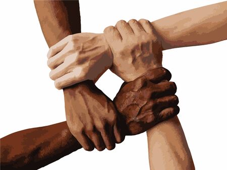 United hands togethe illustration. Coordination, international multiracial, mixed race people hand holding each other in unity. Business group collaboration. Team concept. All lives matter.のイラスト素材