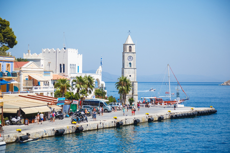 SYMI, GREECE - September 6,2015: Looking down central chapel in Yialos harbour on Symi island, Greece. Symi is easy and most popular destination for day tripping from Rhodes island.のeditorial素材