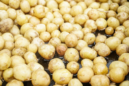 Fried whole small young potato in oilの写真素材