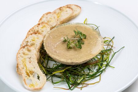 Duck liver paste with toast baguette on a white plate. Restaurant serving