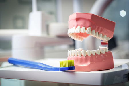 Model of a human jaw and toothbrush in a dental office.   Healthcare and dentistry conceptの写真素材