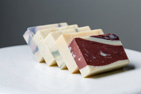 Natural handmade soap bars with different ingredients on a white wooden background. Organic skin care treatment conceptの写真素材