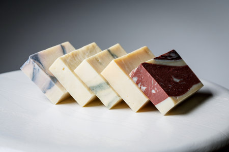 Natural handmade soap bars with different ingredients on a white wooden background. Organic skin care treatment conceptの写真素材