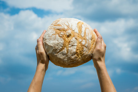 Female hands holding home baked bread loaf above her head over a blue summer sky. World food security concept.の写真素材