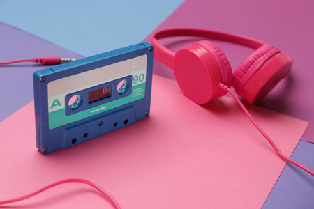Pink headphones and blue tape audio cassette on a bright pink, violet and blue color background. Audiophile music conceptの写真素材