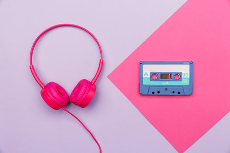 Blue audio cassette on a pink and pink headphones on lilac background. Analog audio music conceptの写真素材