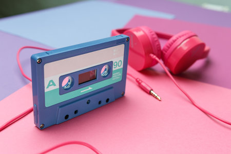 Pink headphones and blue tape audio cassette on a bright pink, violet and blue color background. Audiophile music conceptの写真素材