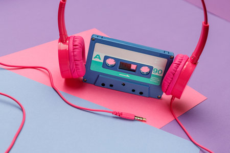 Pink headphones and blue tape audio cassette on a bright pink, violet and blue color background. Audiophile music conceptの写真素材