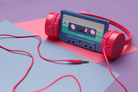 Pink headphones and blue tape audio cassette on a bright pink, violet and blue color background. Audiophile music conceptの写真素材