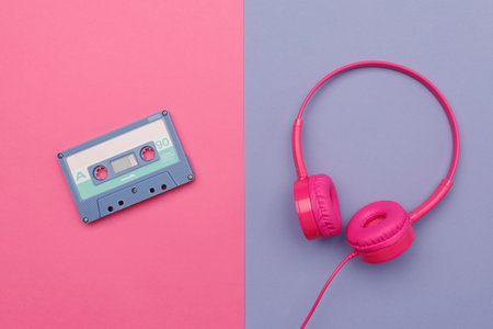 A-side of blue  audio cassette on a pink background and pink headphones on a violet  background. Analog audio music conceptの写真素材