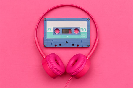Blue audio cassette and pink headphones on a pink paper background. Analog audio music concept