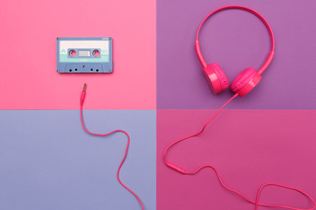 A-side of blue  audio cassette on a pink background and pink headphones on a violet  background....