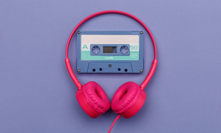 A-side of blue audio cassette with pink headphones on a lilac background. Analog audio music conceptの写真素材