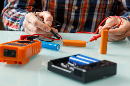 Electrician measuring battery voltage with a multimeter. Home master and portable power efficiency coinceptの写真素材