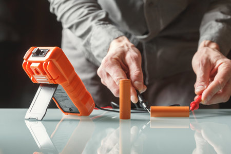 Electrician measuring battery voltage with a multimeter. Home master and portable power efficiency coinceptの写真素材