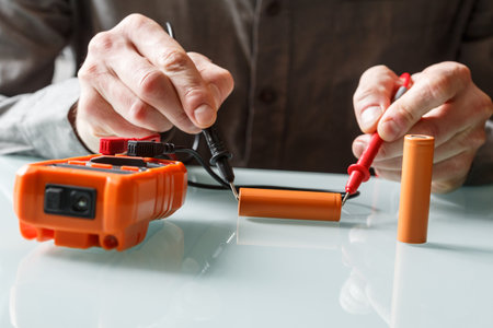Electrician measuring battery voltage with a multimeter. Home master and portable power efficiency coinceptの写真素材