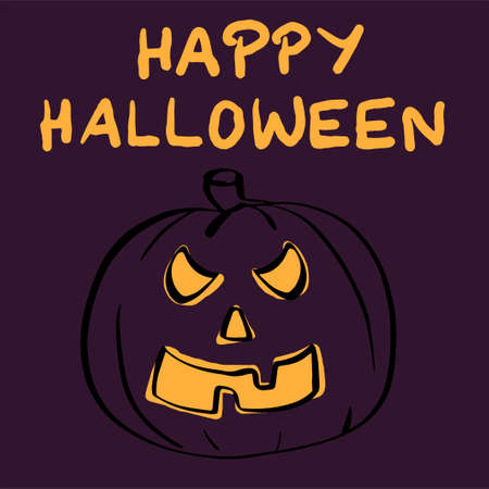 light, orange inscription happy halloween on a dark purple background with a cute, dark, funny, funny, menacing pumpkin in vectorのイラスト素材
