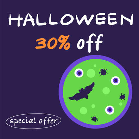 halloween white lettering, 30% discount on a background with a cute, beautiful, funny cauldron with eyes, a flying mouse and spidersのイラスト素材