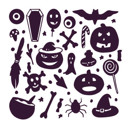 halloween kit, smiling, funny, terrible, menacing pumpkin, broom, hat, candy, bat, spider, flask on white background in vectorのイラスト素材