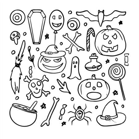 halloween kit, smiling, funny, terrible, fearsome pumpkin, broom, hat, candy, bat, spider, flask in line in vectorのイラスト素材