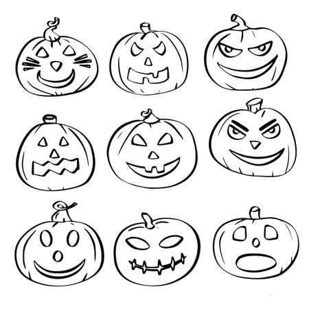 Halloween funny, smiling, funny, terrible, scary pumpkin in line on white background in vectorのイラスト素材