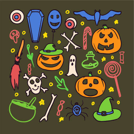 halloween kit, smiling, funny, terrible, fearsome pumpkin, broom, hat, candy, bat, spider, flask in color on a dark green background in vectorのイラスト素材