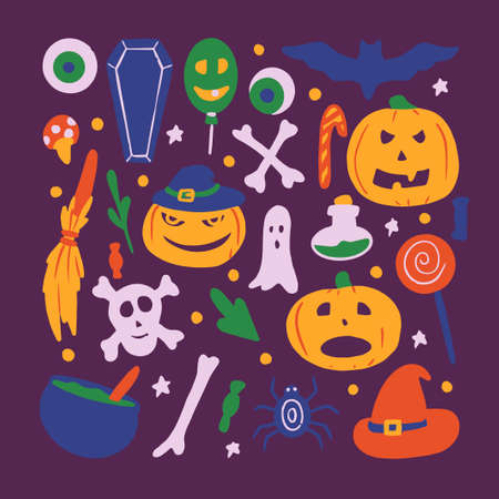 halloween kit, smiling, funny, terrible, fearsome pumpkin, broom, hat, candy, bat, spider, flask in color on a dark purple background in vectorのイラスト素材