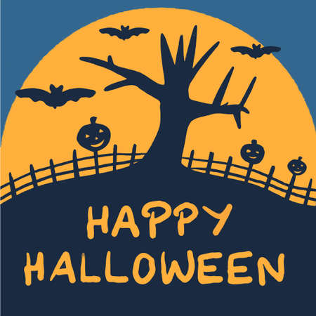 halloween, orange lettering on a dark background, blue sky, dark, sharp tree against the background of the moon, bat silhouettes in vectorのイラスト素材