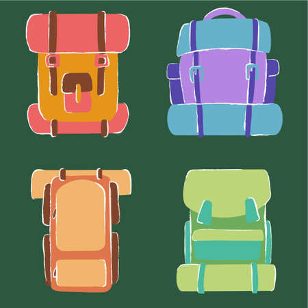 set of hiking cartoon backpacks on the theme of camping in vectorのイラスト素材