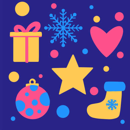 Set of colored icons in the style of Christmas and New Year. Vector illustrations for greeting cards, website designs, gift tags, and marketing materials.のイラスト素材